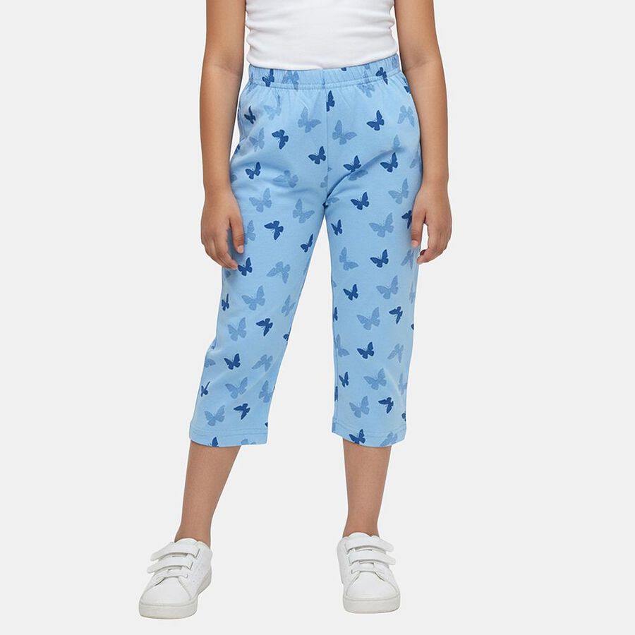 Girls' Light Blue Regular Fit Printed Elastic Waist Capri, हल्का नीला, large