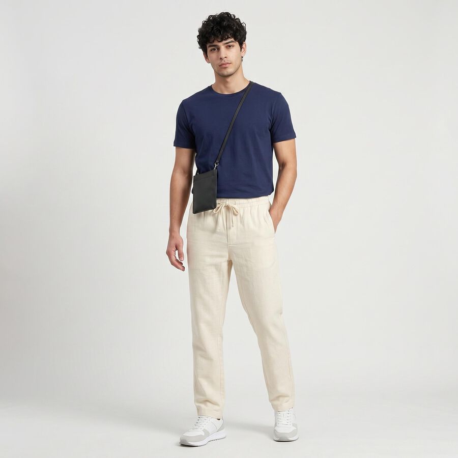 Men's Ecru Melange Slim Fit Drawstring Casual Trousers, Ecru Melange, large