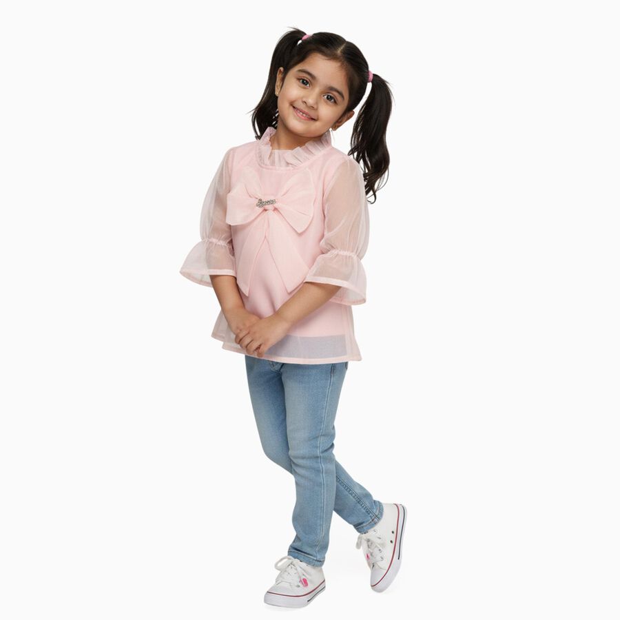 Girls' Pale Peach Ruffled Neck Romantic T-Shirt, Peach, large