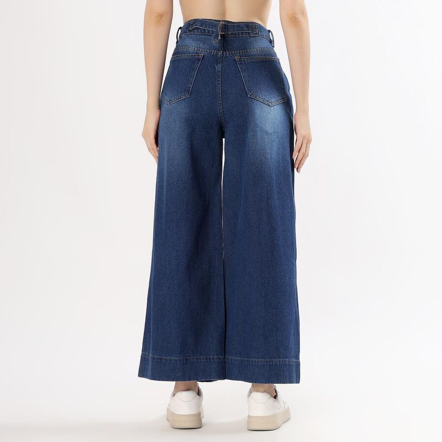 Women's Deep Indigo Wide Leg High Waist Jeans, मध्यम नीला, large image number null