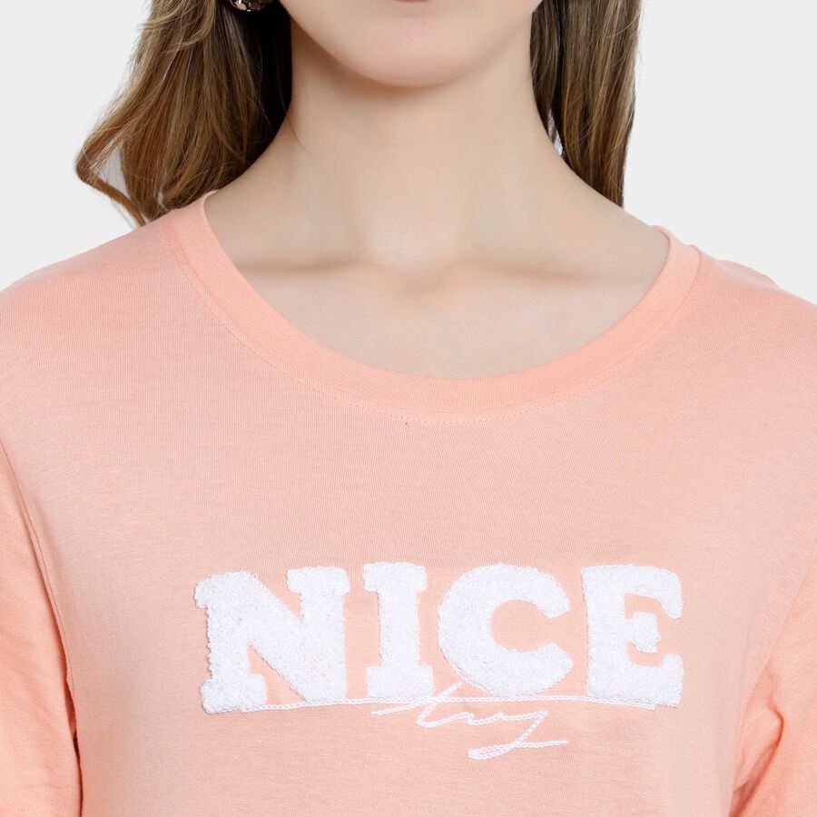Embellished Round Neck T-Shirt, Peach, large image number null