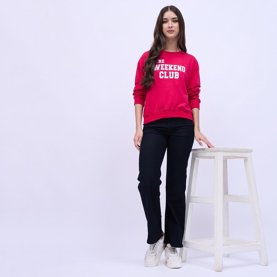 Women's Bright Red Crew Neck Casual Sweatshirt, रानी (फ्यूशिया), large image number null