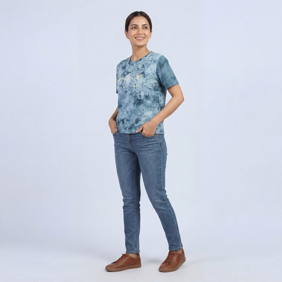 Women's Blue Cotton Round Neck Casual T-Shirt, नीला, large
