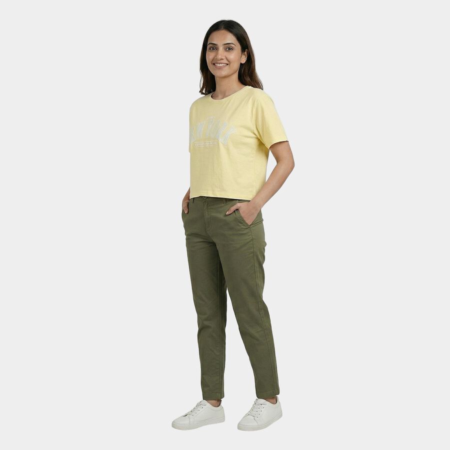 Women's Yellow Cotton Round Neck Casual T-Shirt, पीला, large