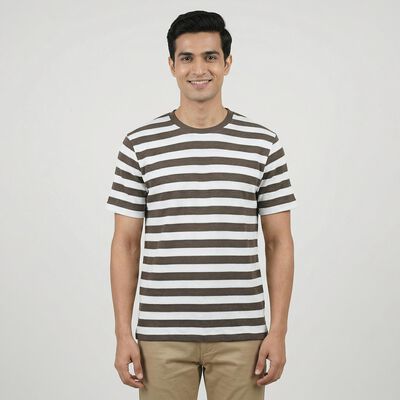 Men's Khaki Round Neck Casual T-Shirt