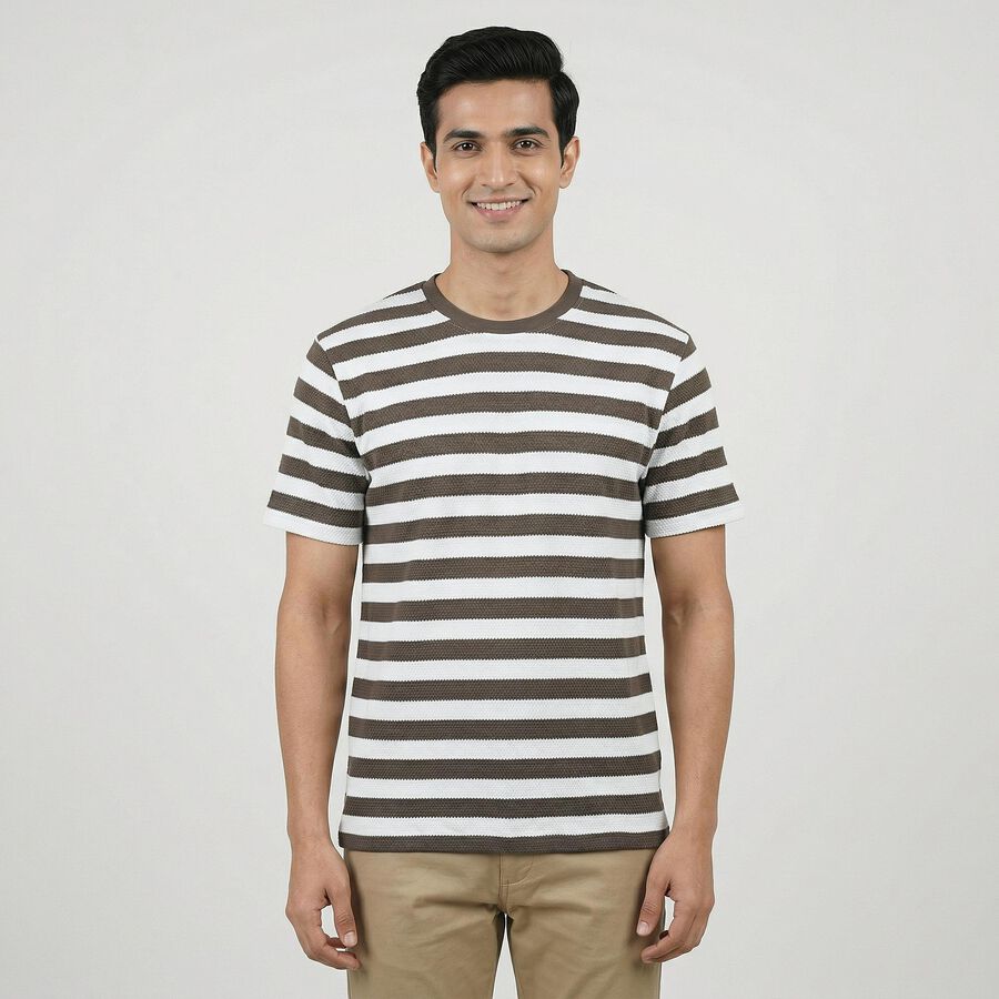 Men's Khaki Round Neck Casual T-Shirt, Khaki, large