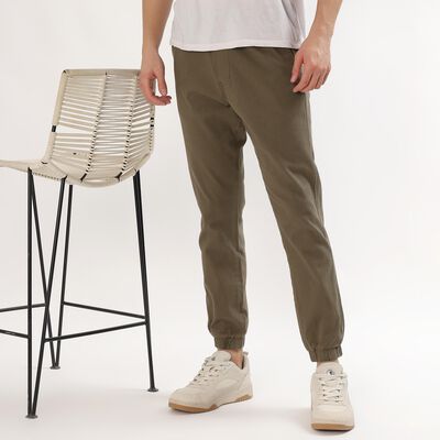 Men's Muted Olive Green Slim Fit Elastic Waist Casual Trousers