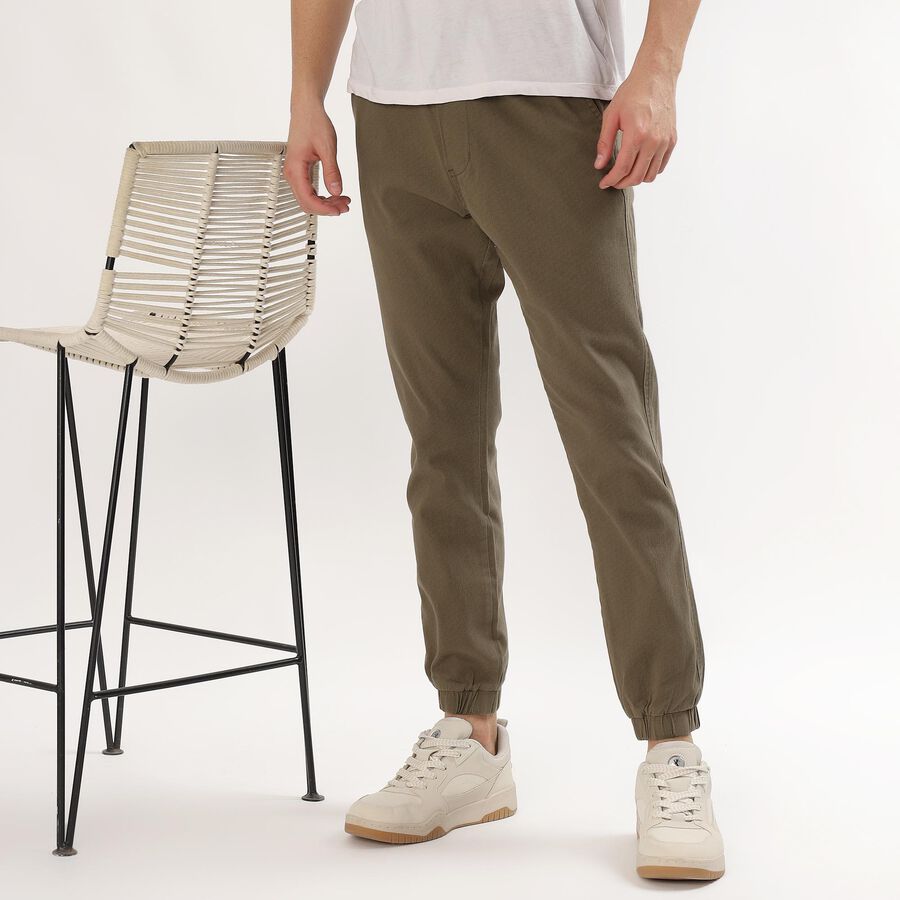 Men's Muted Olive Green Slim Fit Elastic Waist Casual Trousers, हल्का हरा, large image number null