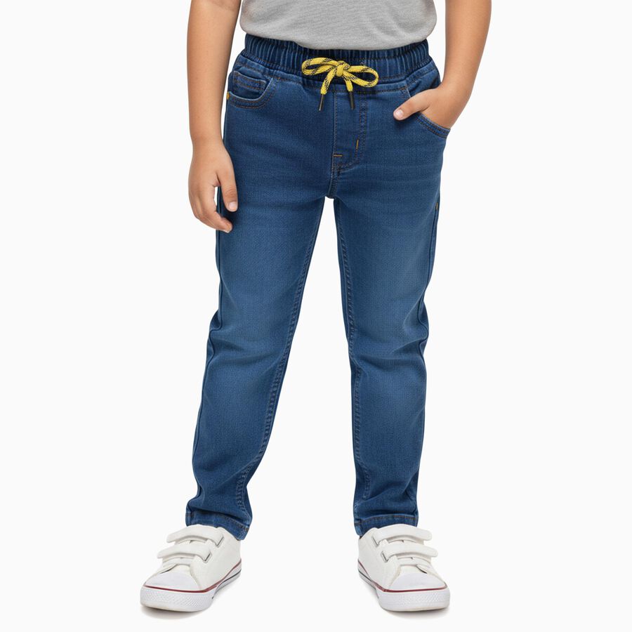 Boys' Bright Blue Regular Fit Elastic Waist Jeans, मध्यम नीला, large
