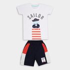 Boys' White Cotton Round Neck Printed Baba Suit, White, small image number null