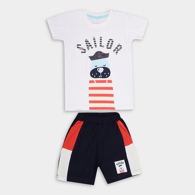 Boys' White Cotton Round Neck Printed Baba Suit