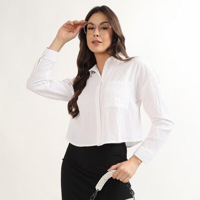 Women's White Classic Collar Textured Shirt
