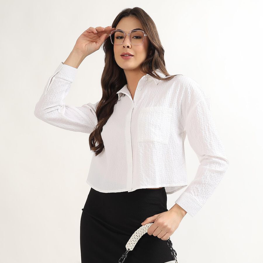 Women's White Classic Collar Textured Shirt, White, large