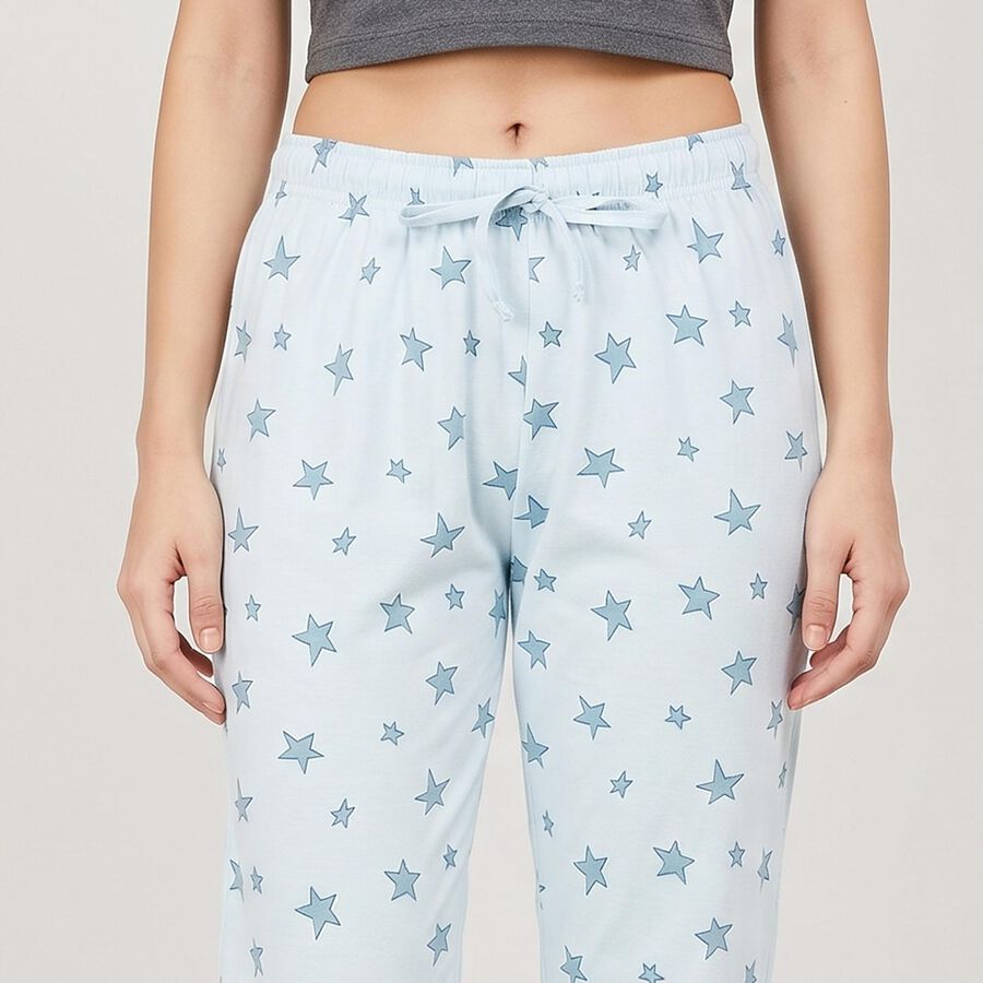 Women's Light Blue Straight Fit Star Printed Cotton Blend Pyjama, हल्का नीला, large