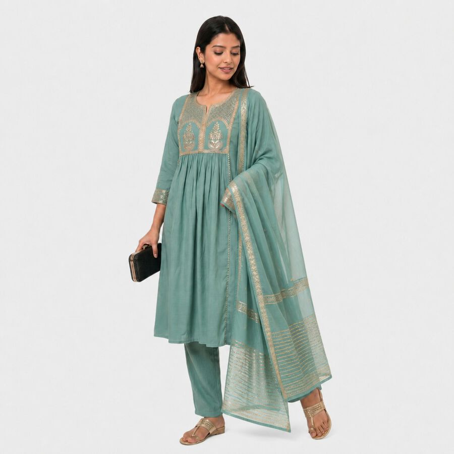 Women's Light Green Embroidered Ethnic Set, हल्का हरा, large