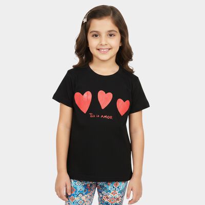 Girls Black Round Neck Regular T-Shirt