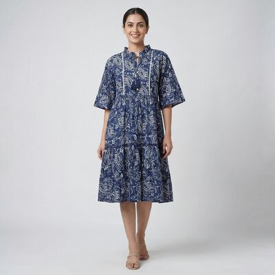 Women's Blue V-Neck Bohemian Dress