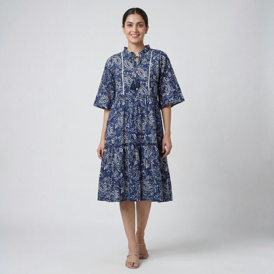 Women's Blue V-Neck Bohemian Dress, Navy Blue, large