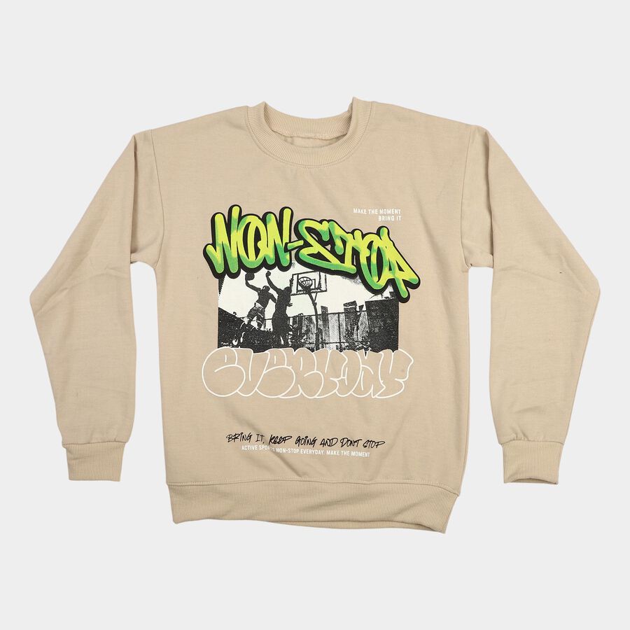 Boys' Beige Crew Neck Graphic Print Sweatshirt, Beige, large