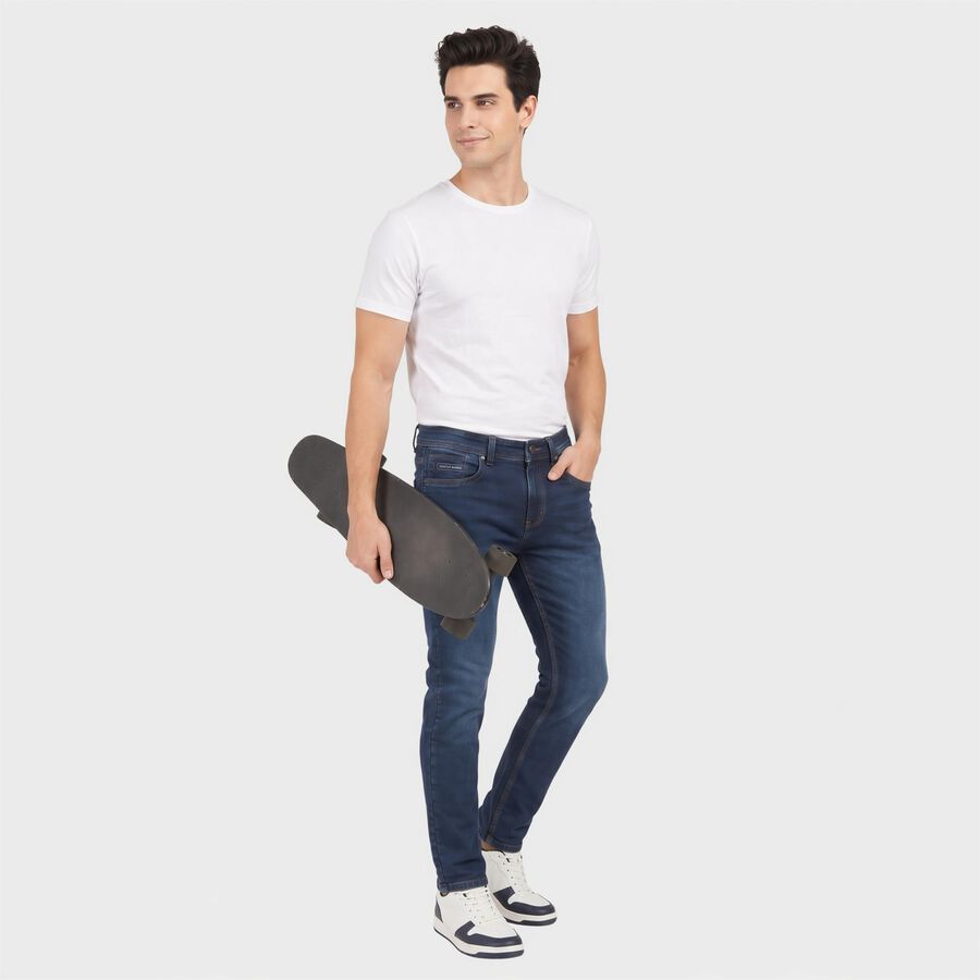 Men's Navy Blue Slim Fit Washed Jeans, Dark Blue, large