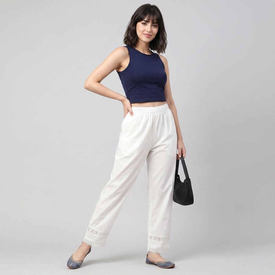 Women's Off White Regular Fit Lace Hem Palazzos, Off White, large
