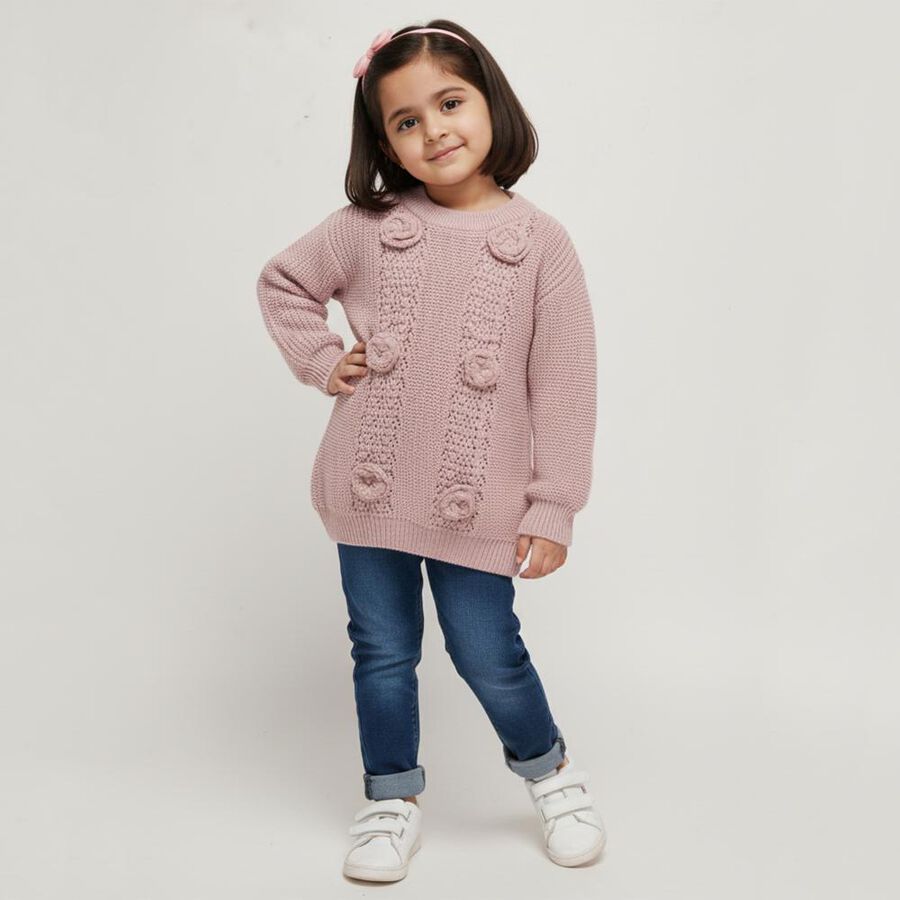 Girls' Light Pink Crew Neck Textured Pullover, हल्का गुलाबी, large image number null