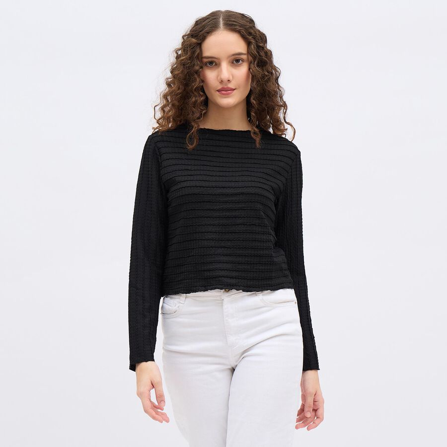 Women's Jet Black Round Neck Casual Top, Black, large image number null