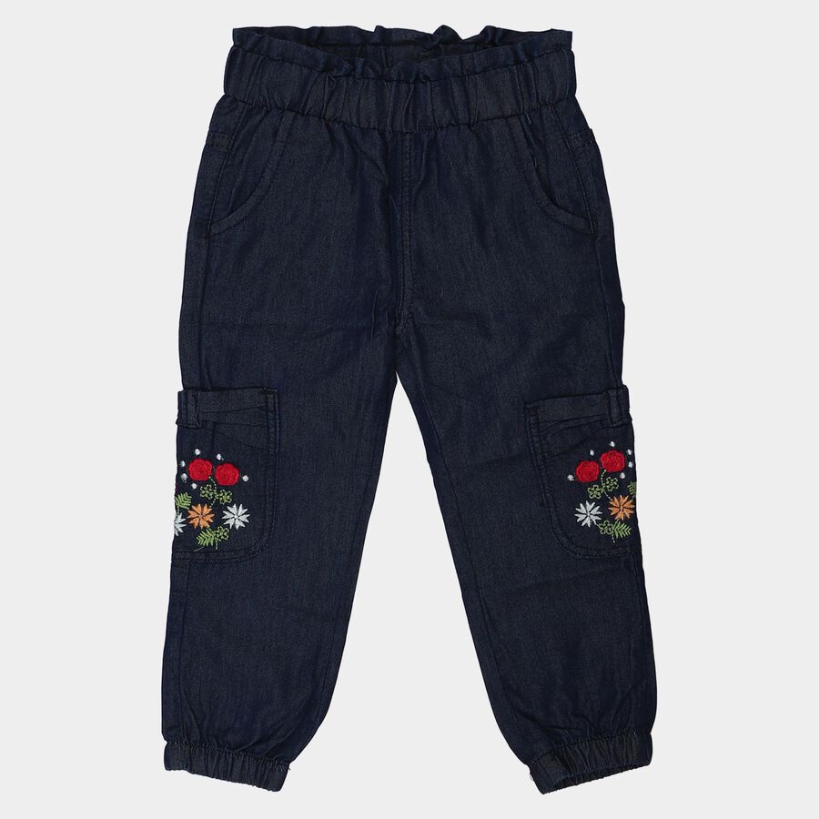Girls Navy Blue Jogger Fit Embroidered Cargo Jeans, गहरा नीला, large