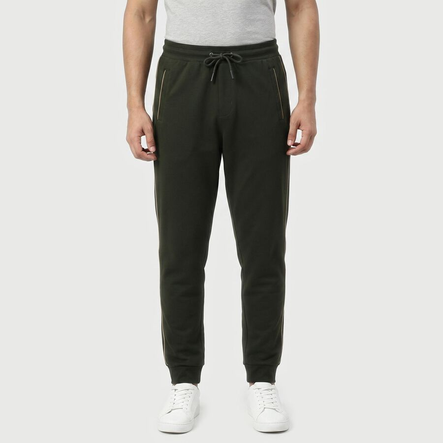 Men's Olive Green Jogger Fit Side-Striped Track Pants, ओलिव, large