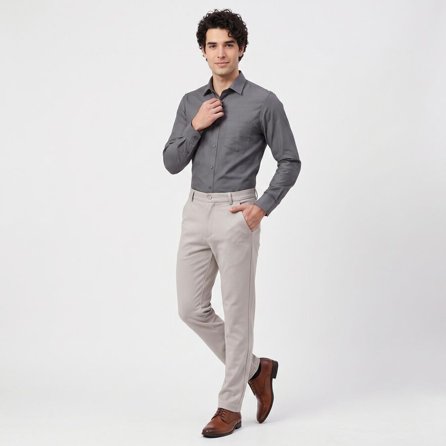Men's Silver Slim Fit Flat-Front Casual Trousers, Silver, large