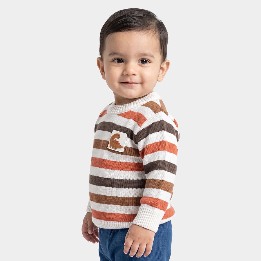Infants White Crew Neck Striped Pullover, सफ़ेद, large