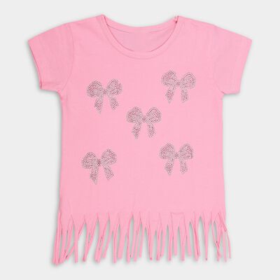 Girls' Bright Pink Cotton Round Neck Casual T-Shirt
