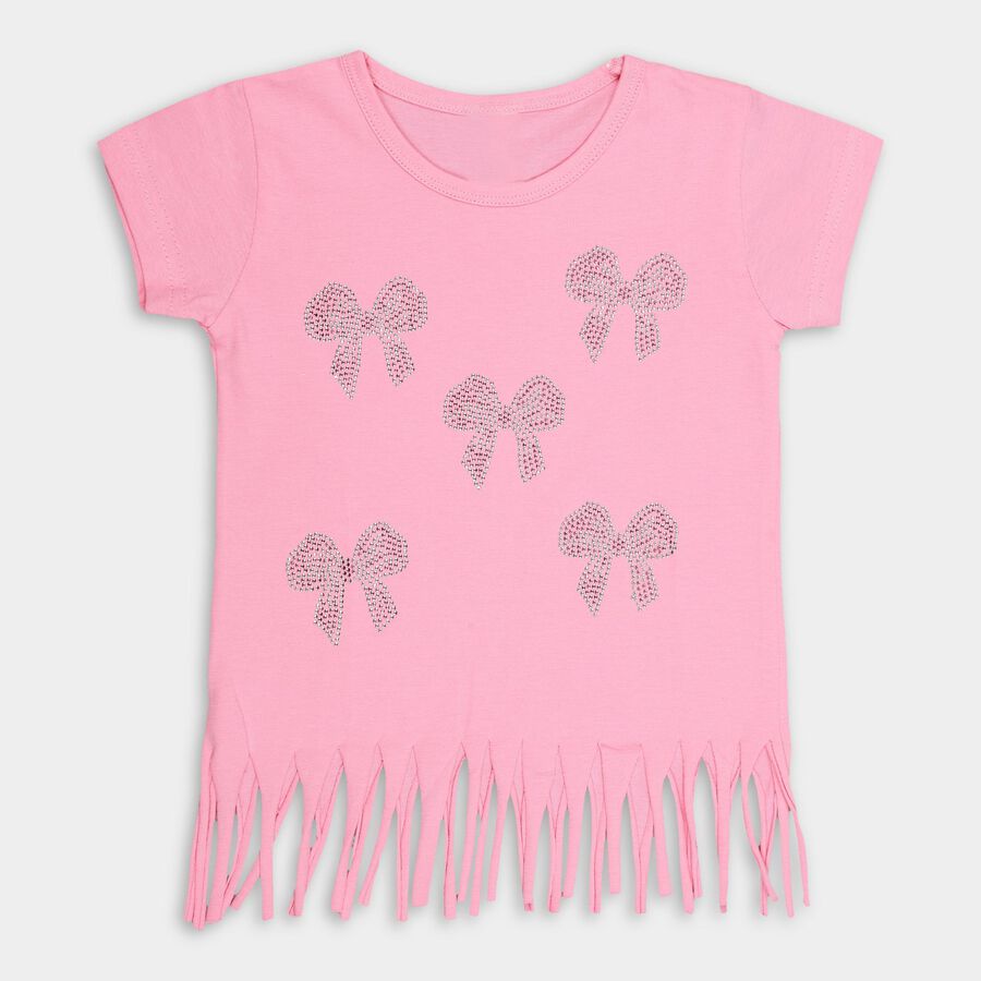 Girls' Bright Pink Cotton Round Neck Casual T-Shirt, Pink, large image number null