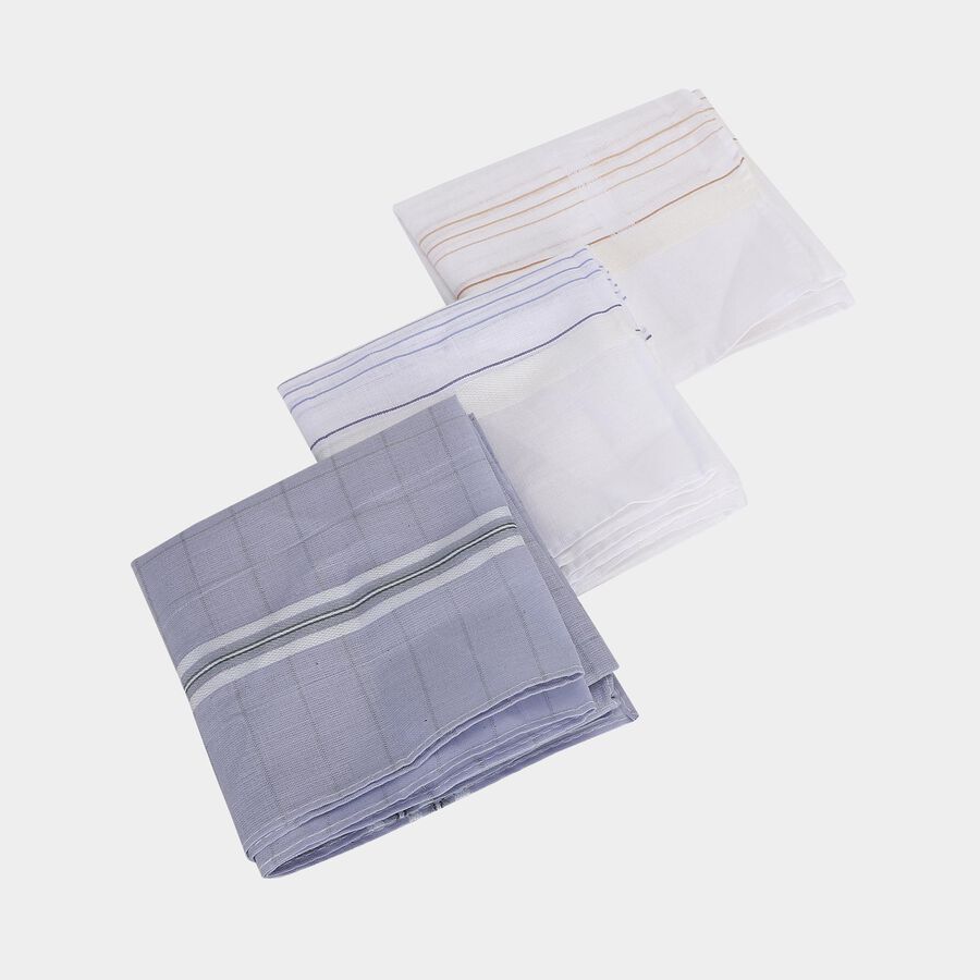 Men's Multicolour Striped and Checked Pack of 3 Handkerchief, गहरा ग्रे, large