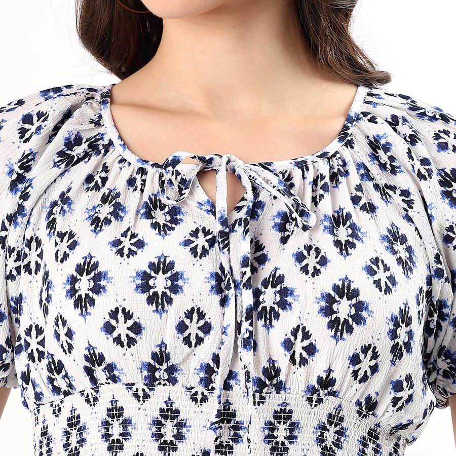 Women's White and Blue Tie Neck Bohemian Midi Dress, Navy Blue, large