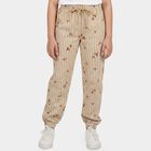 Girls' Beige Jogger Fit Striped Printed Cotton Blend Pyjama, गहरा पीला, small