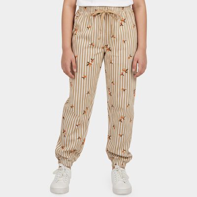 Girls' Beige Jogger Fit Striped Printed Cotton Blend Pyjama