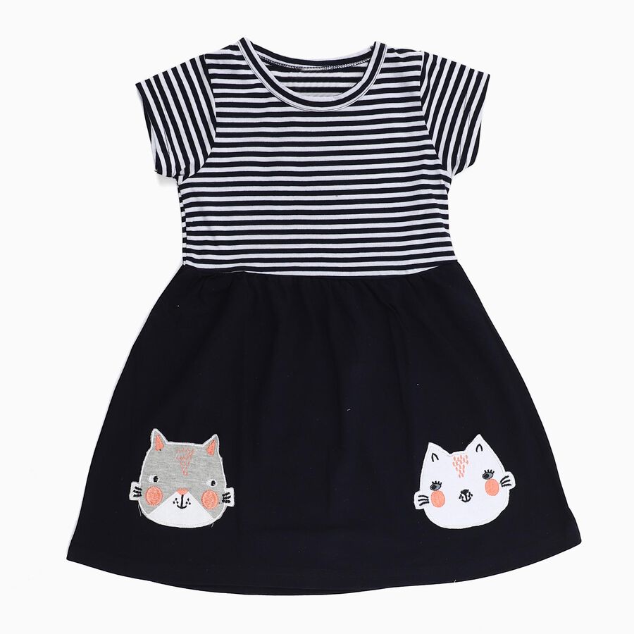 Girls' Black and White Striped Animal Applique Casual Frock, Navy Blue, large image number null