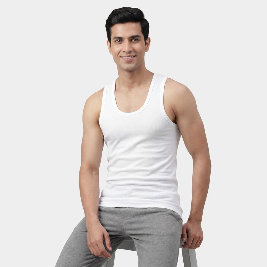 Men's White Cotton Round Neck Classic Vest, सफ़ेद, large
