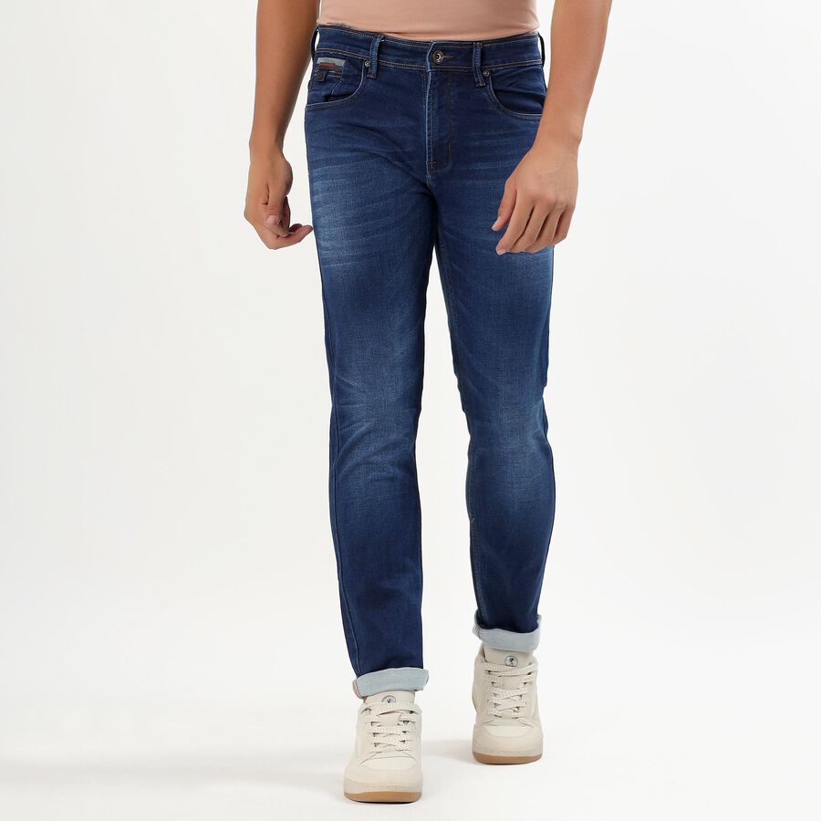 Men's Stonewashed Blue Slim Fit Five-Pocket Jeans, Mid Blue, large image number null
