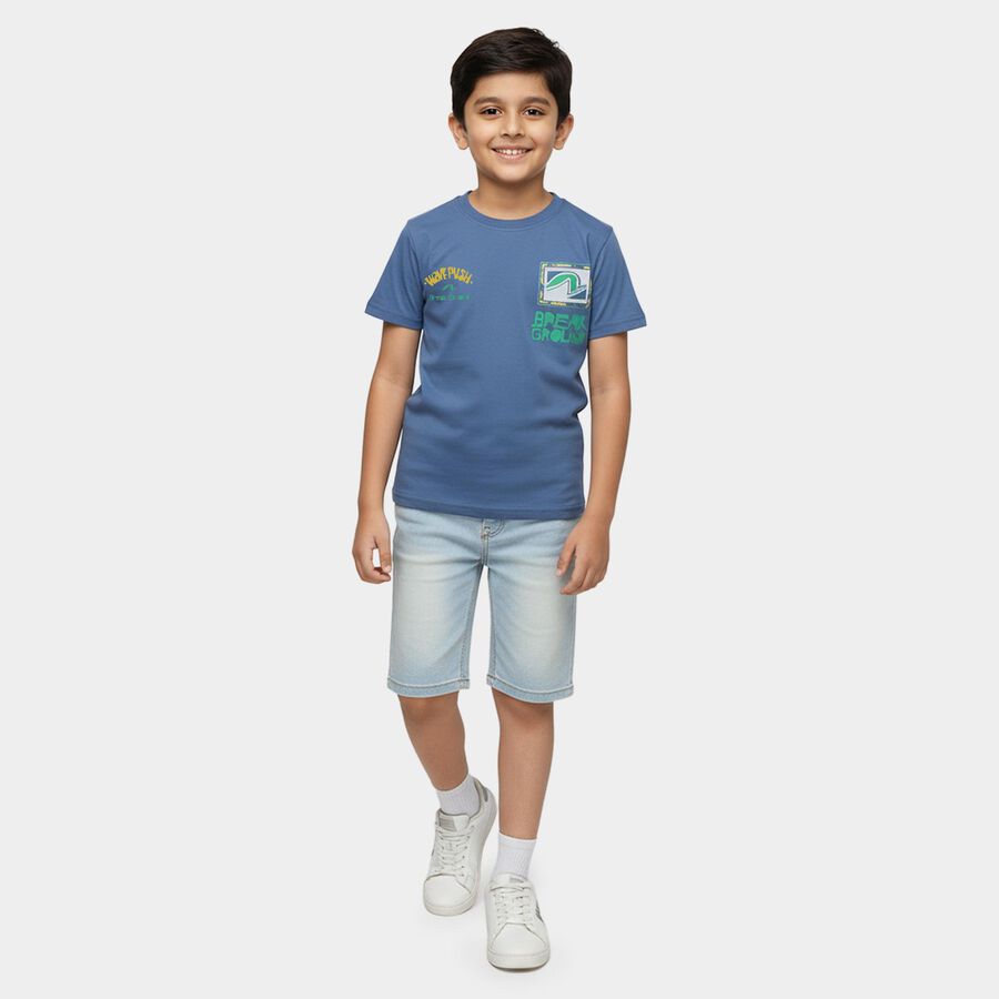 Boys' Navy Blue Round Neck Graphic Printed T-Shirt, Mid Blue, large