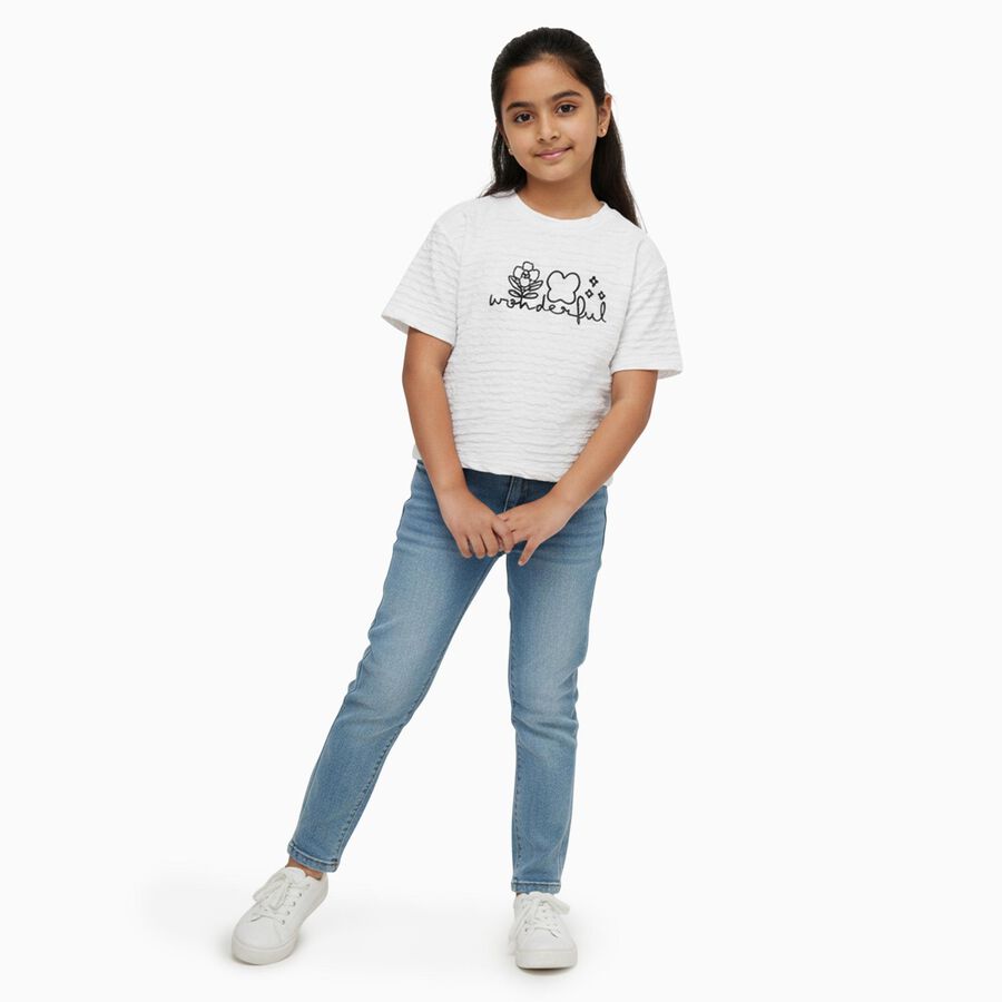 Girls White Round Neck Casual T-Shirt, सफ़ेद, large