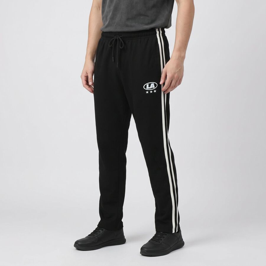Men's Black Regular Fit Side-Striped Track Pants, Black, large