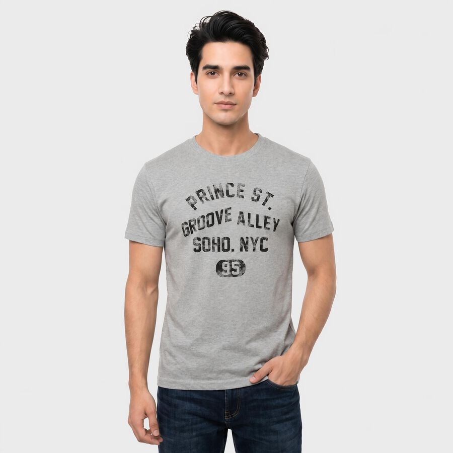 Men's Grey Round Neck Graphic Print Regular T-Shirt, Melange Mid Grey, large