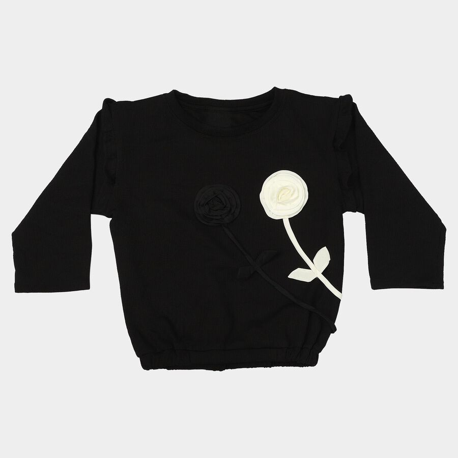 Girls Black Round Neck Regular Top, काला, large