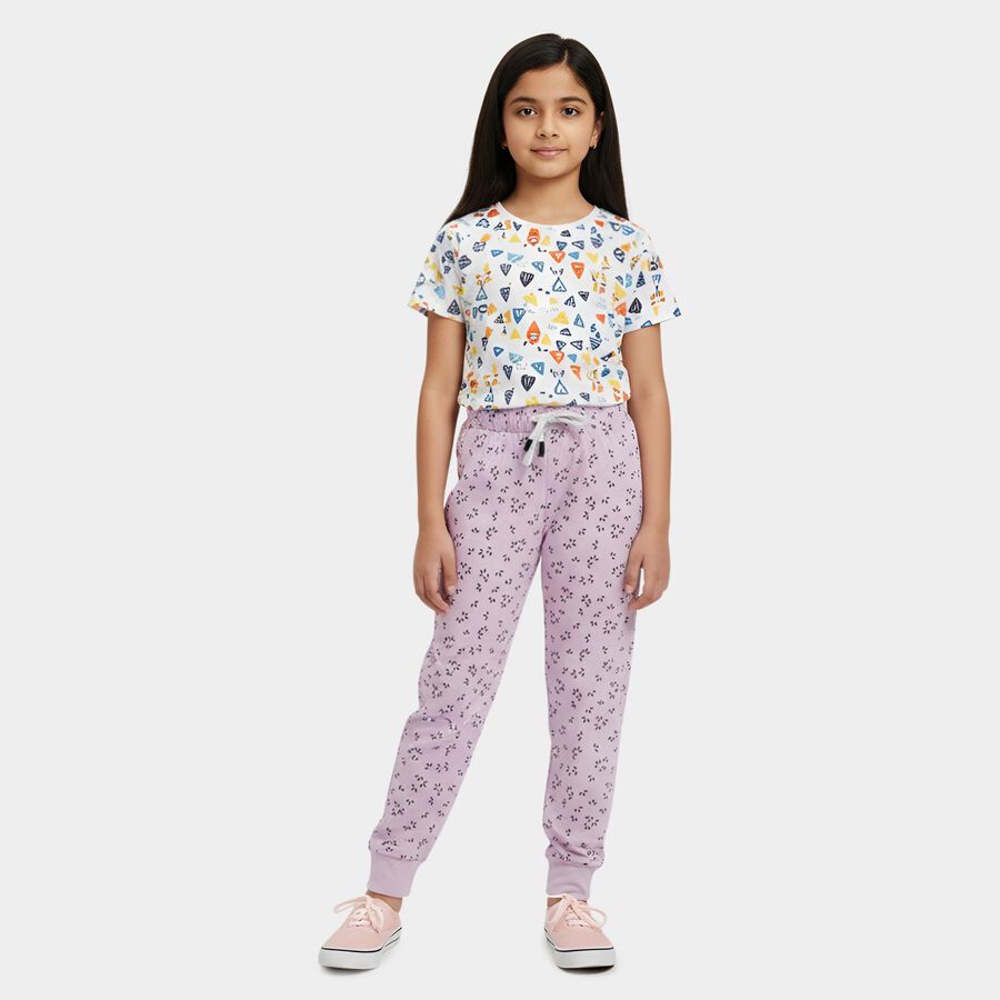 Girls' Lilac Regular Fit Heart Printed Pyjama, Lilac, large