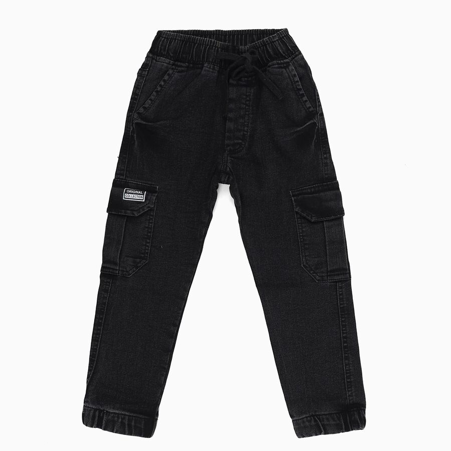 Boys Jet Black Regular Fit Cargo Jeans, काला, large image number null