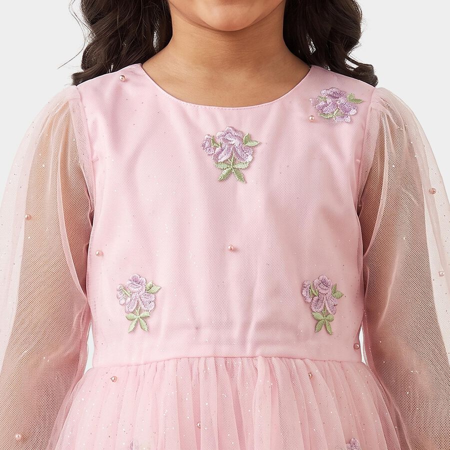 Girls' Pink Fit and Flare Embroidered Party Wear Frock, Light Pink, large