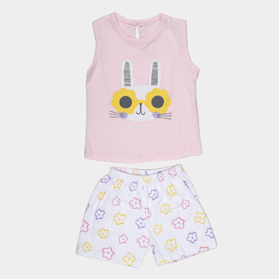 Infant Pink Cotton Bunny Print Sleeveless Top and Floral Shorts Set, Light Pink, large