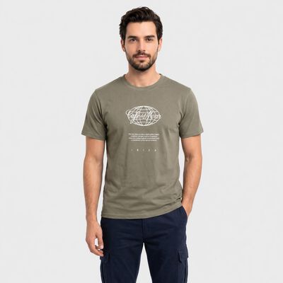Men's Olive Green Round Neck Graphic Print T-Shirt